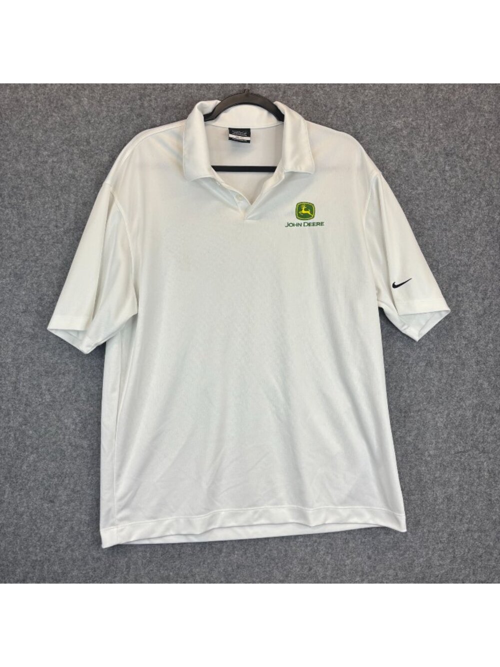 Nike John Deere Men's Size Large White Golf Dri-Fit Polo Golf Shirt Swoosh Logo